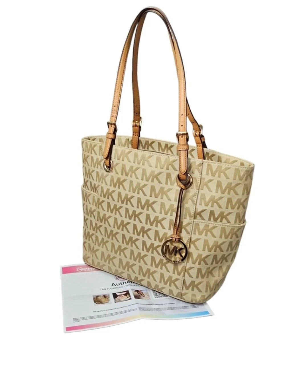 Michael Kors Jet Set Monogram Canvas Leather Boho Tote Shoulder Bag COA Beige